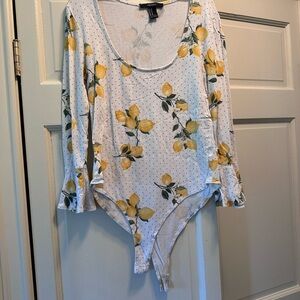 Forever 21 Lemon Print Bodysuit - White and Yellow